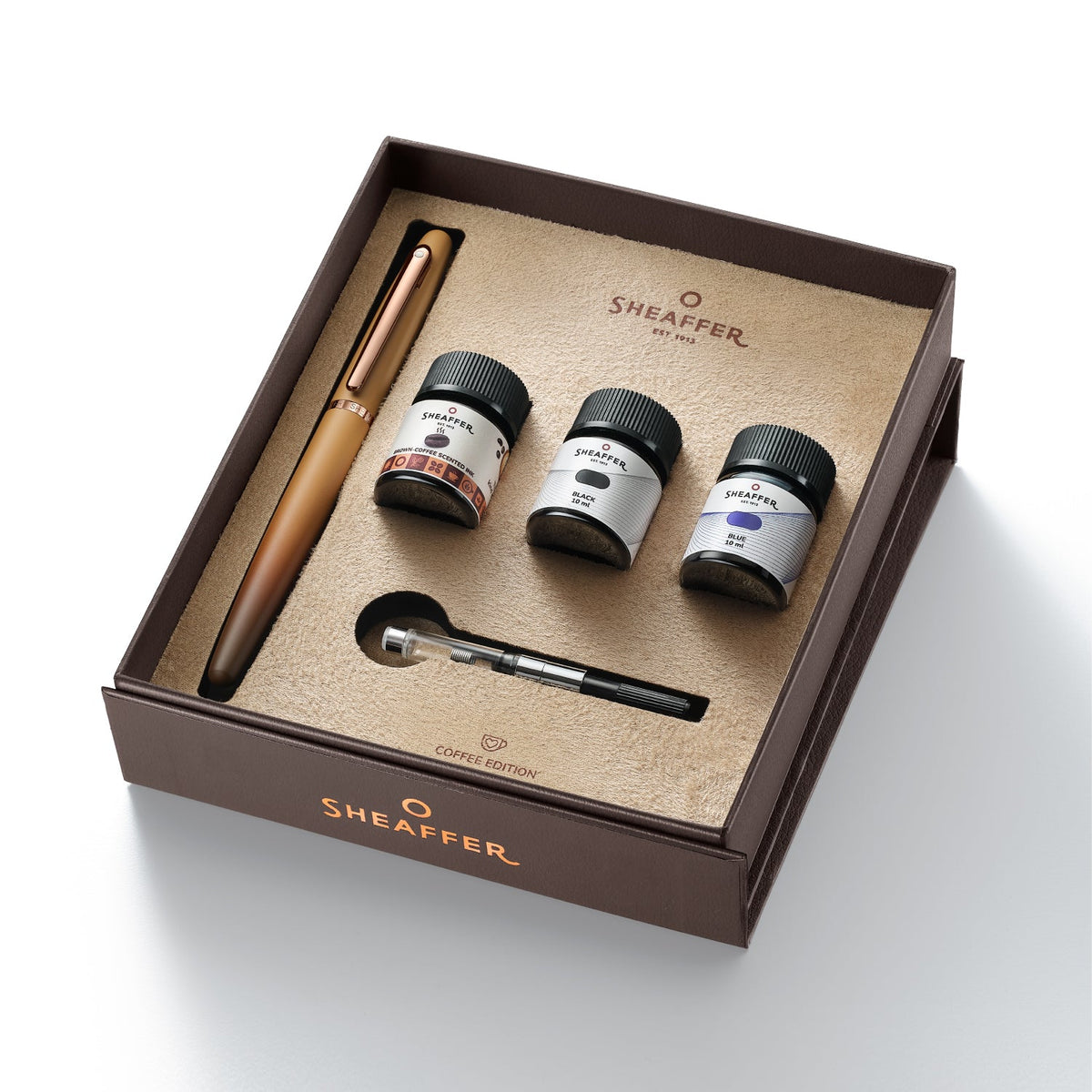 Set Sheaffer® VFM 9428 Pluma Fuente Café Mate, Edición Coffee con Set de 3 Tintas de 10 ml