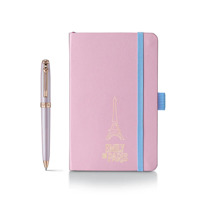 Set de Regalo Sheaffer con Emily in Paris: Bolígrafo Prelude Mini 9810 Rosa Pastel con Cristal Swarovski y Cuaderno Pequeño de Tapa Dura