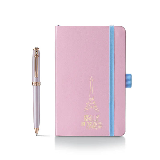 Set de Regalo Sheaffer con Emily in Paris: Bolígrafo Prelude Mini 9810 Rosa Pastel con Cristal Swarovski y Cuaderno Pequeño de Tapa Dura